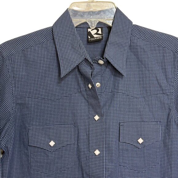 Rockies Womens Blue Checkered Long Sleeve Pearl Snap Shirt - Size Medium - Picture 3 of 9
